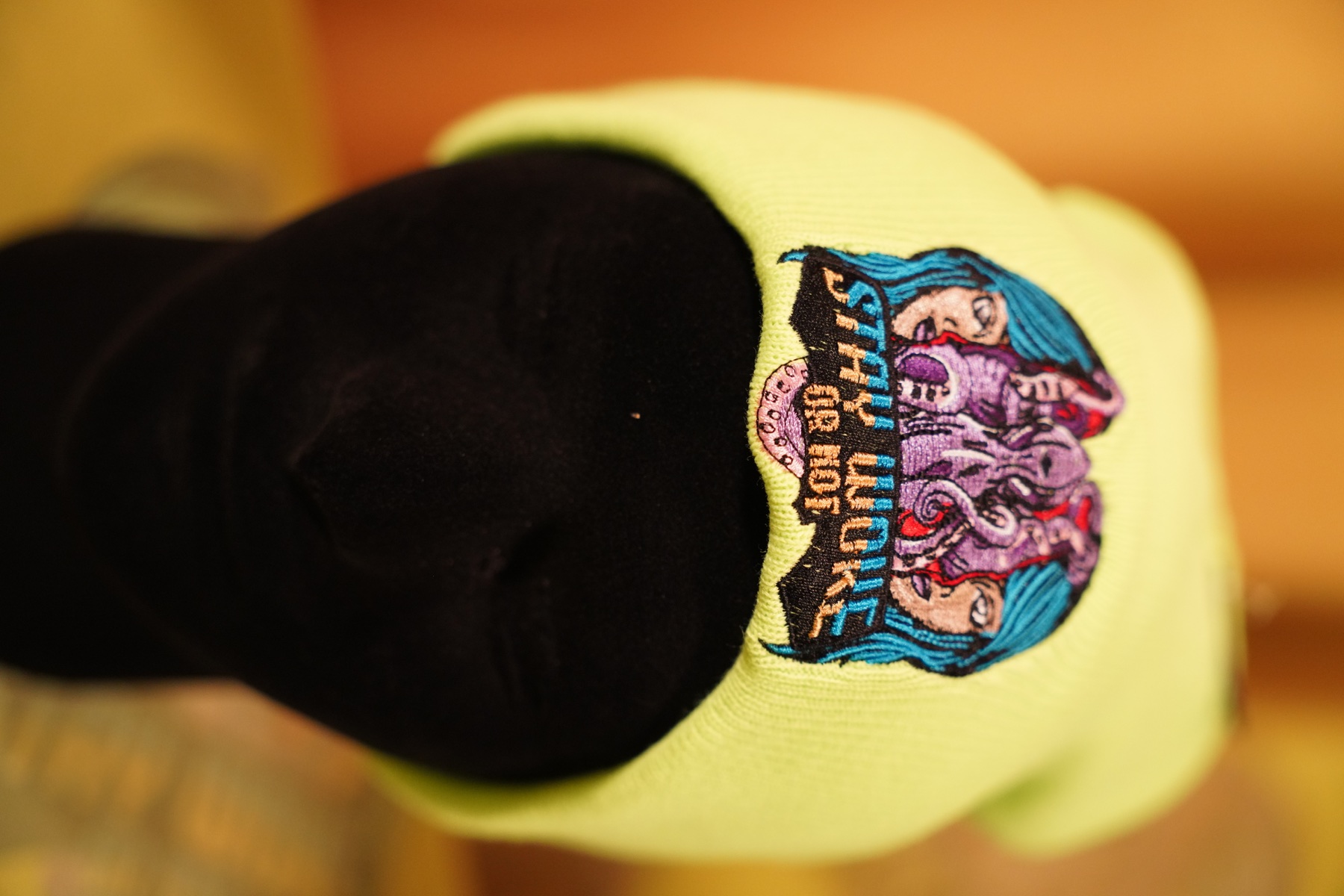 Neon yellow Stay Woke Or Not embroidered beanie